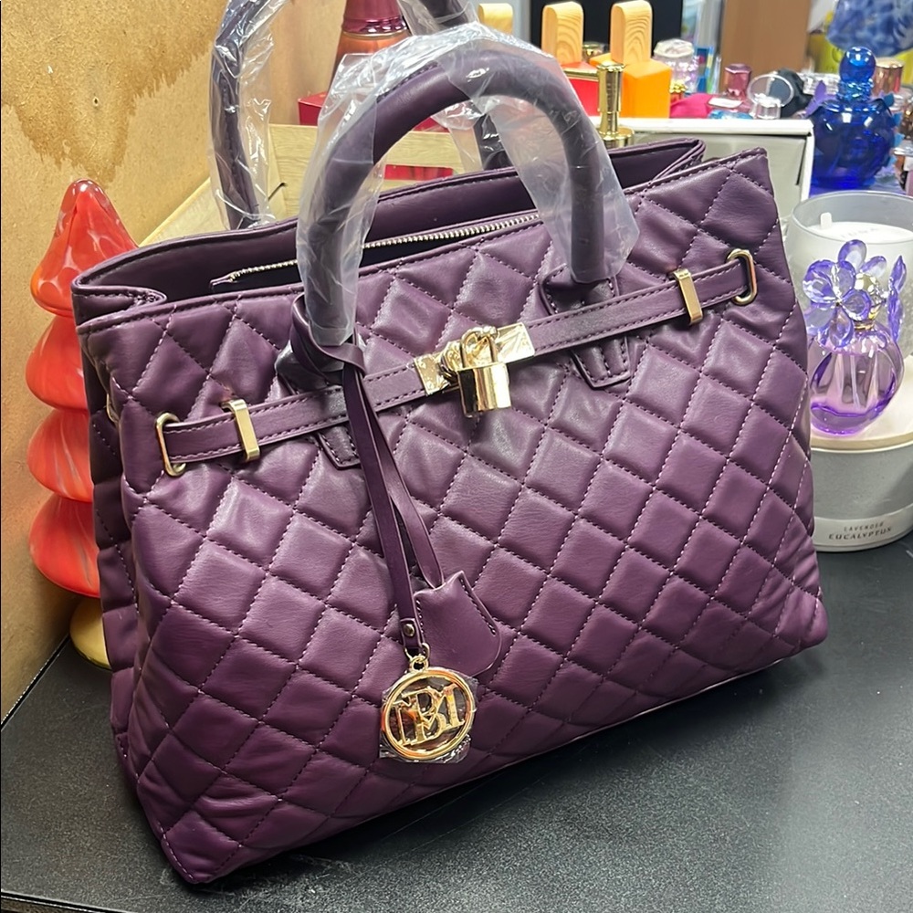 Badgley Mischka Purple and Gold Quilted Satchel